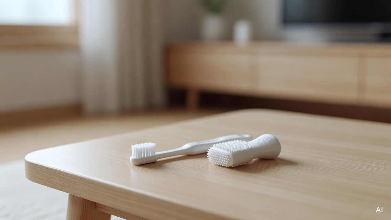 small white baby toothbrush and silicone finger brush placed on a light-colored wooden surface