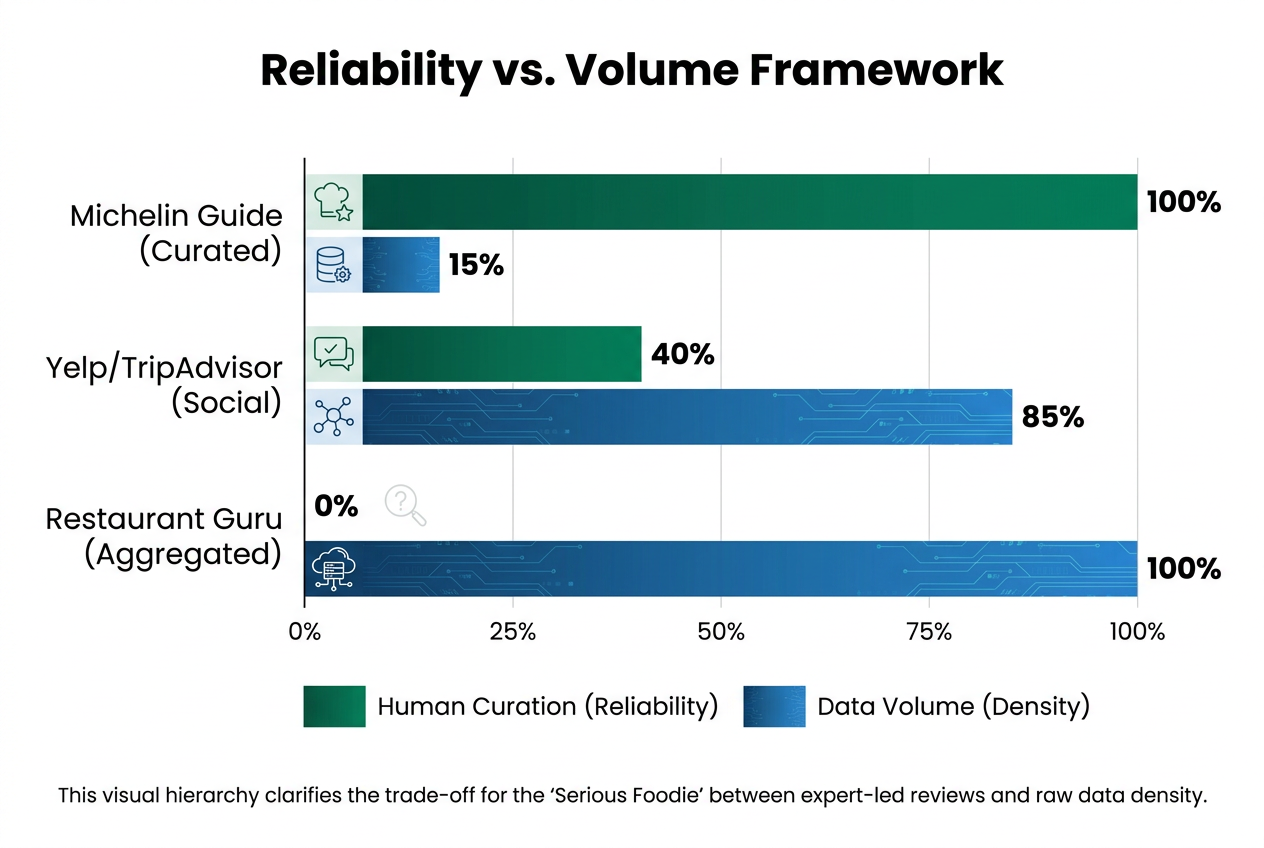 Comparison chart of Michelin, Yelp, and Restaurant Guru based on human curation versus data volume for culinary research.