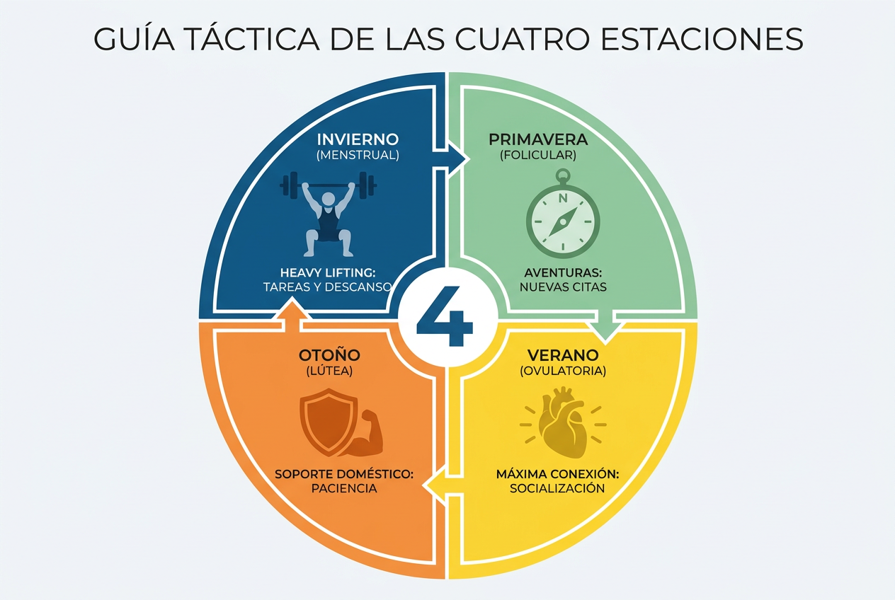 Infografía de las cuatro fases del ciclo menstrual para parejas mostrando tareas tácticas para cada etapa: Invierno, Primavera, Verano y Otoño.