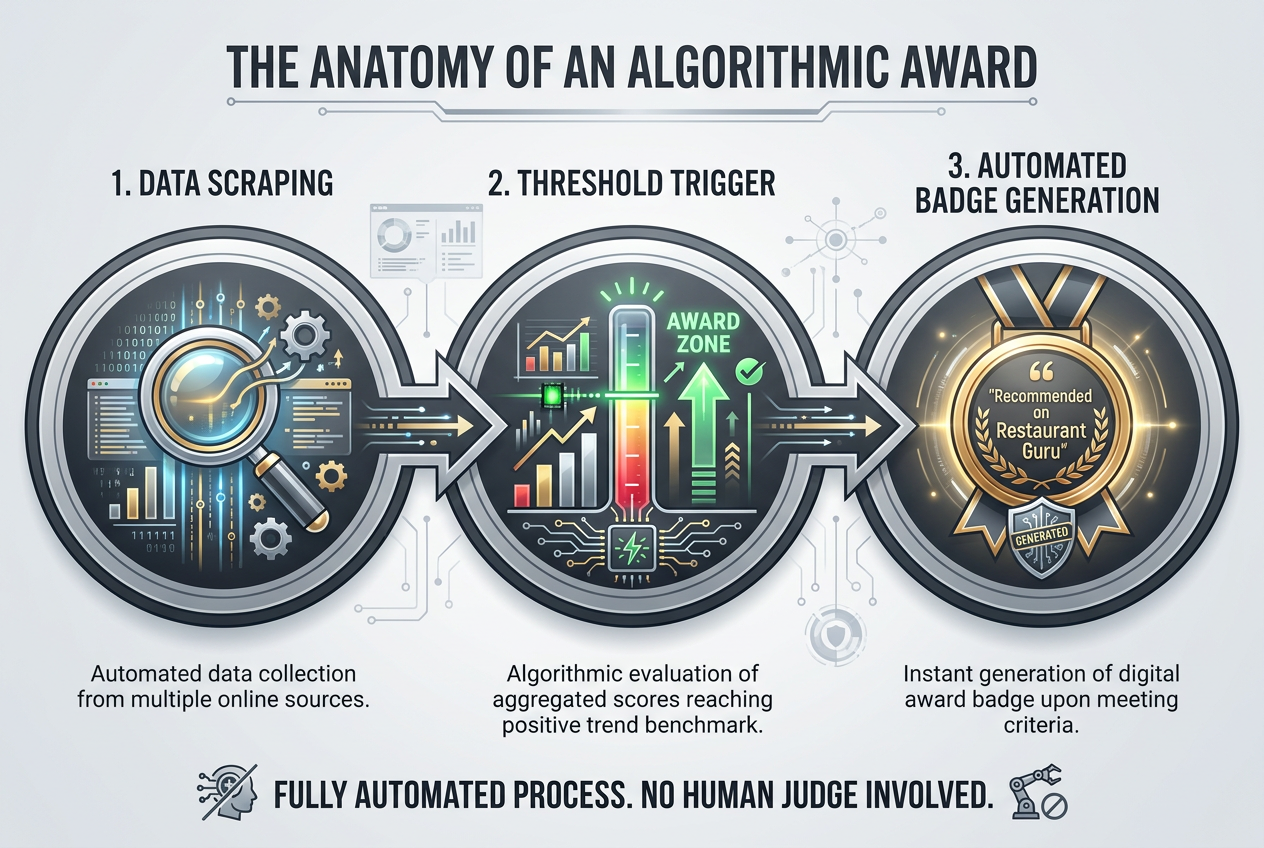 Workflow diagram explaining how Restaurant Guru's Recommendation Awards are algorithmically generated rather than selected by human food critics.