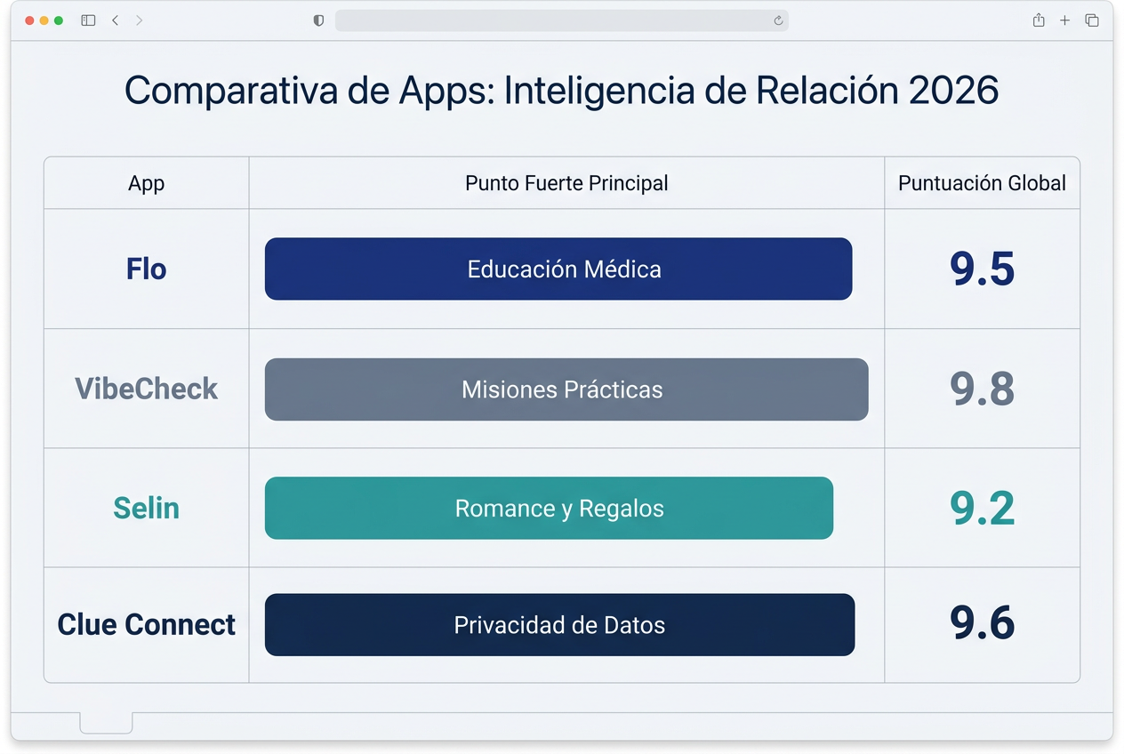 Tabla comparativa de las mejores apps de ciclo menstrual para parejas como Flo, VibeCheck, Selin y Clue basadas en misiones y privacidad.