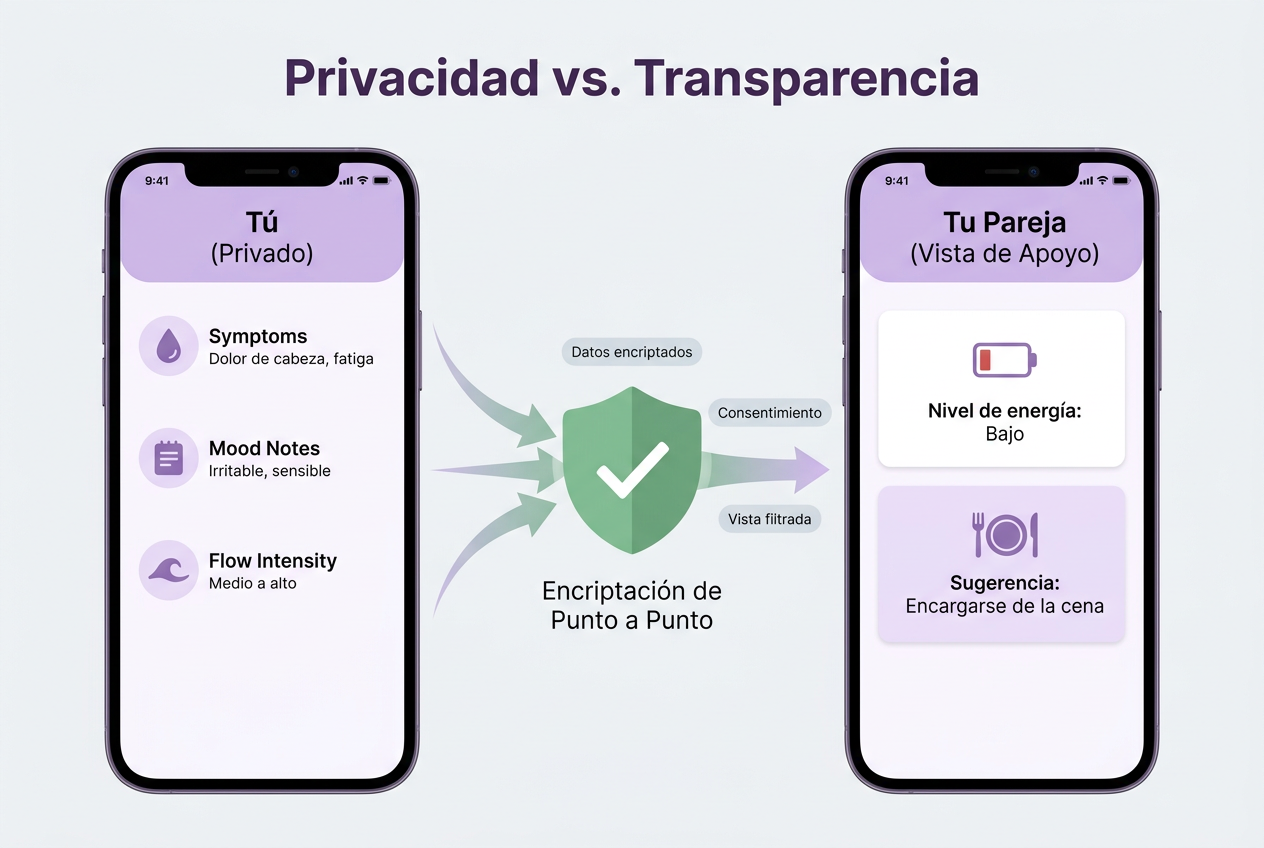 Esquema de privacidad en apps menstruales para parejas mostrando la diferencia entre la vista privada del usuario y la vista de apoyo del compañero.