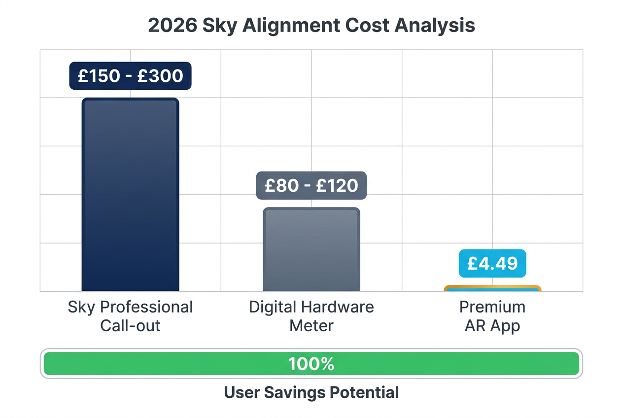 A bar chart comparing 2026 costs for Sky dish alignment: Professional fees of £150-300 versus a one-time premium app cost of £4.49.
