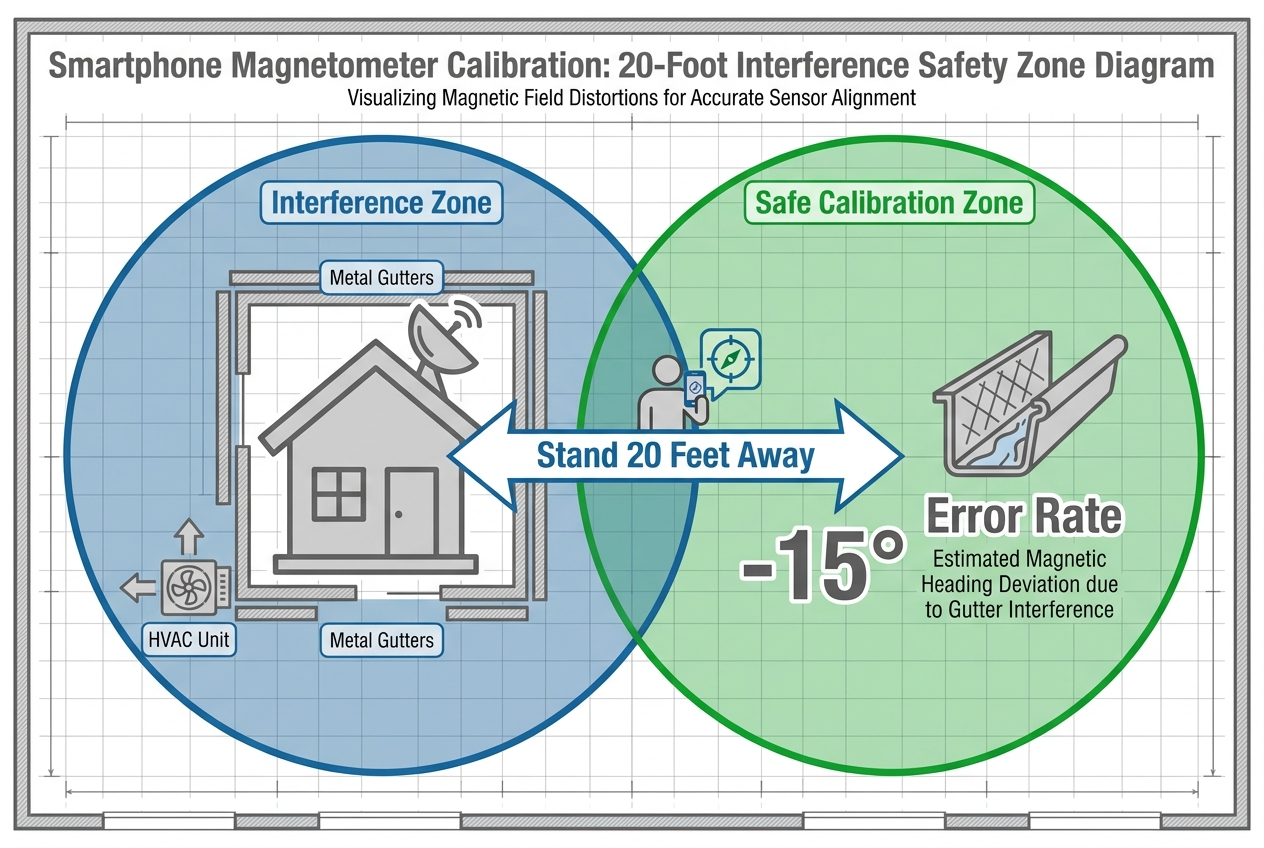 Technical diagram showing a 20-foot safe zone away from metal structures for calibrating a phone's compass to avoid a 15-degree alignment error.