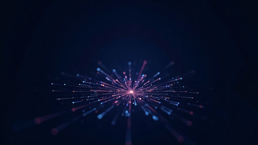 Dark navy background with a radial burst of thin cyan and violet lines emanating from center, geometric hexagonal grid o