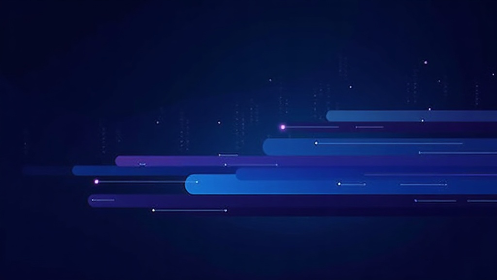 Layered horizontal bars in gradient from deep navy to electric cyan, each bar slightly offset creating a cascading effec
