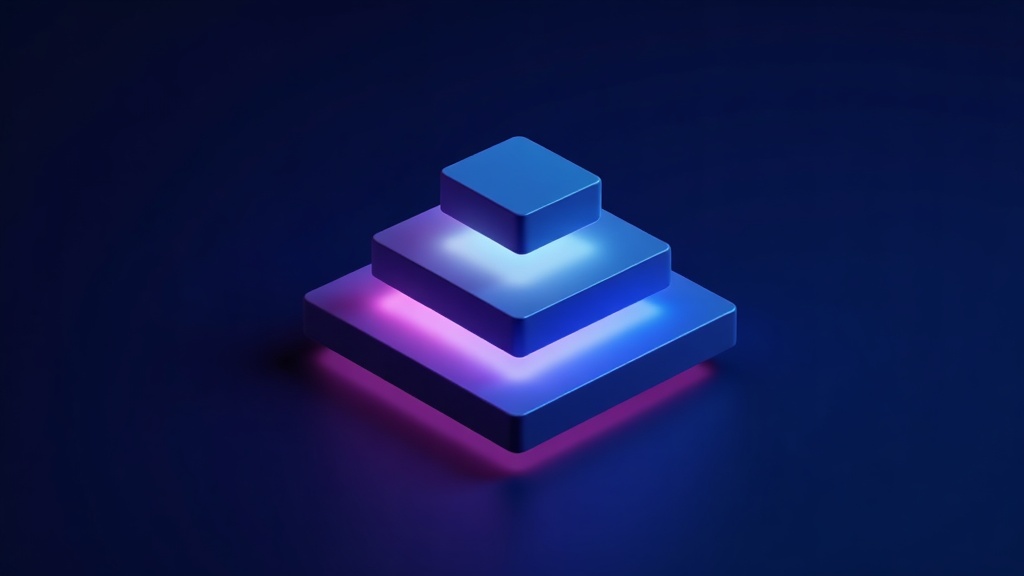 Three-dimensional geometric stack with translucent rectangular planes in dark navy, cyan, and violet, ascending diagonal