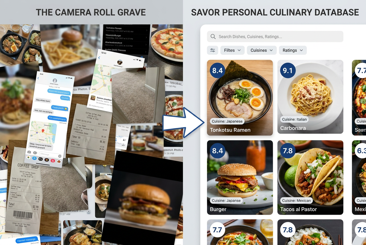 Comparison of a messy smartphone camera roll versus the organized, searchable dish database of the Savor application with ratings and tags.