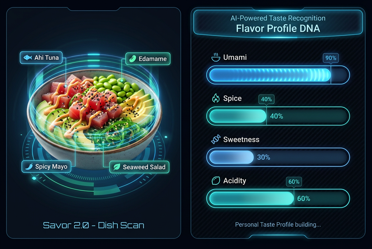 An illustration of Savor's AI dish recognition and Taste DNA flavor profile mapping using ingredient tags and horizontal progress bars.