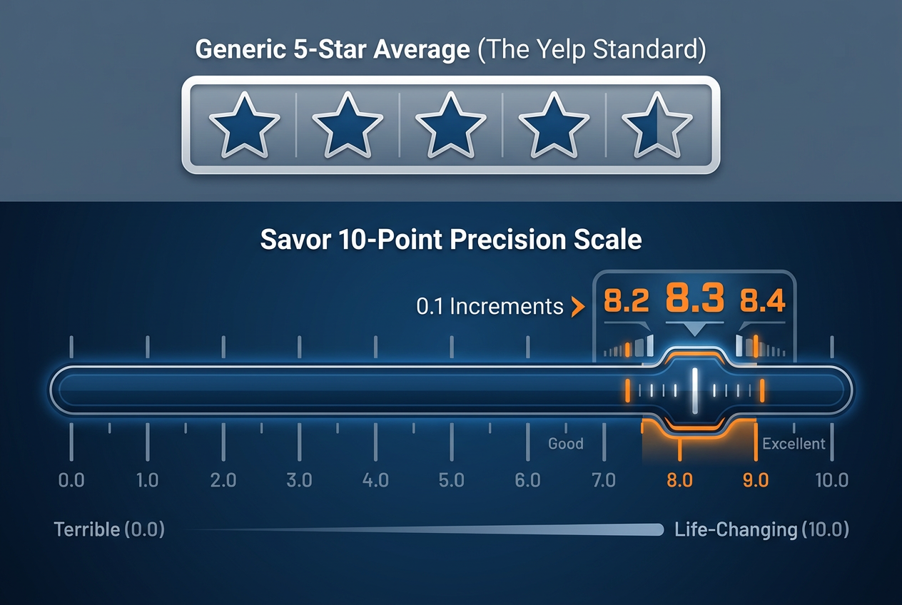 A diagram comparing a basic 5-star rating system with the Savor app's 10-point precision scale showing 0.1 increments for granular food reviews.