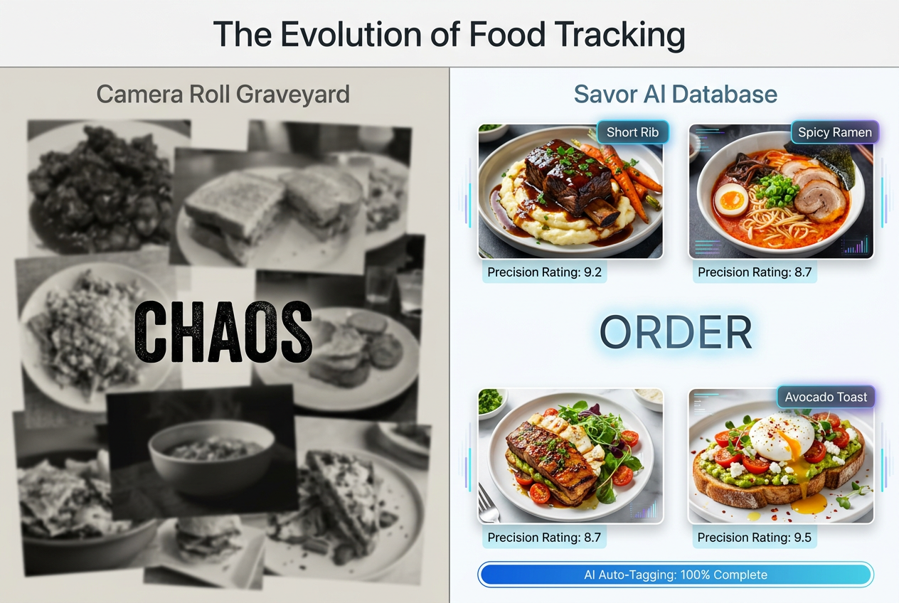 Split screen comparison of a messy smartphone camera roll versus an organized, AI-tagged Savor app food database.