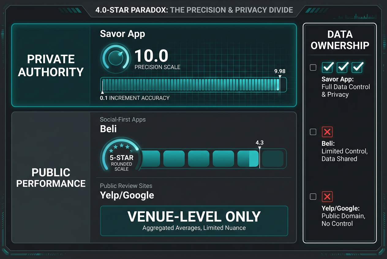 Comparison chart of Savor vs Beli vs Yelp focusing on rating precision, privacy, and data ownership features.