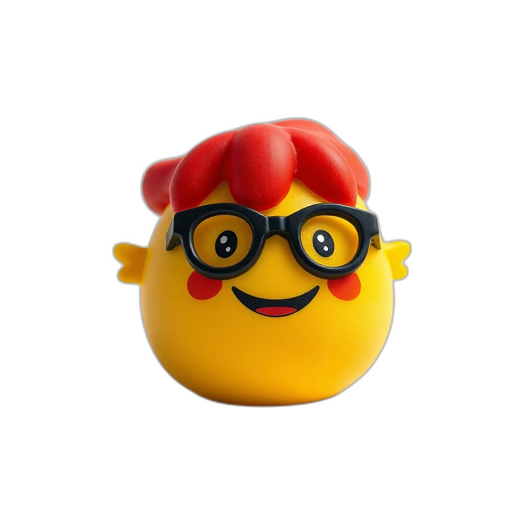 Specs McGrin — Specs McGrin is a cheerful yellow squishy pal with red hair and glasses, ready for gentle hugs and giggles.