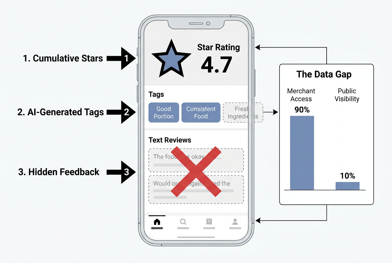 Diagram showing the Uber Eats rating interface elements including stars, tags, and the lack of visible text reviews for customers.