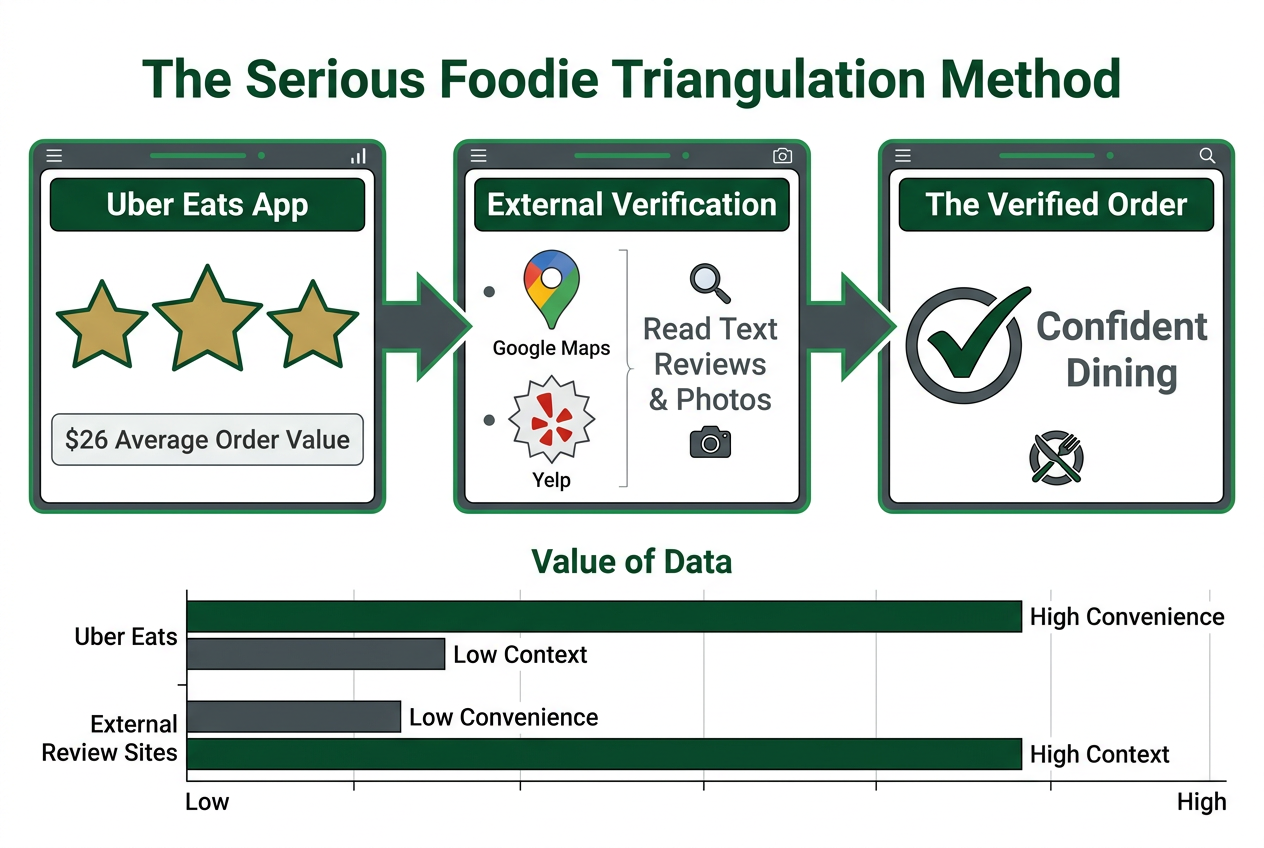 A comparison framework showing how to cross-reference Uber Eats data with external review sites for better food quality assurance.