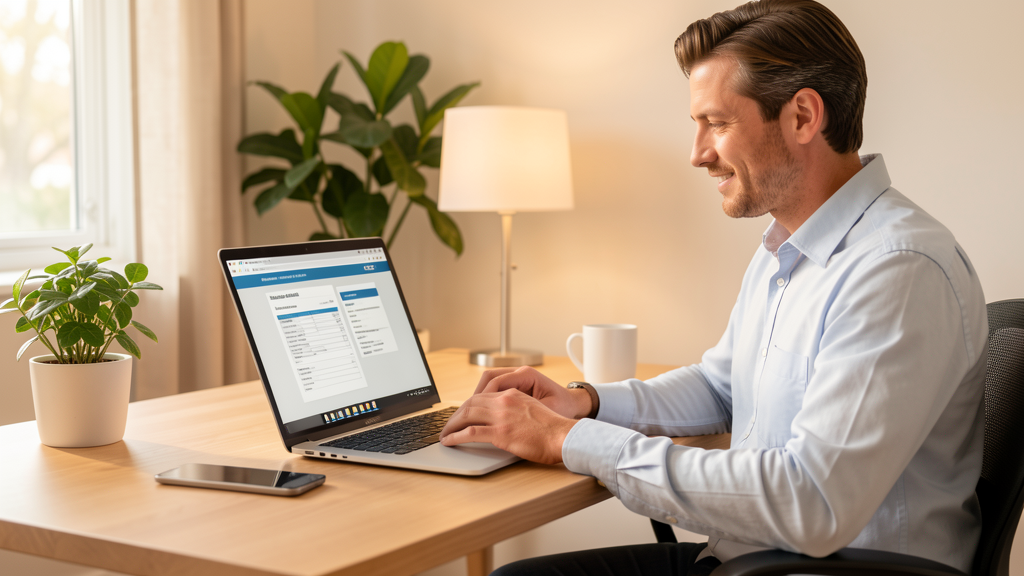 Self-employed professional reviewing health insurance options at home office desk