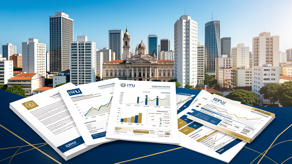 Cidade brasileira com documentos de ISS, IPTU, ITBI e gráficos de fluxo de caixa sobre uma mesa