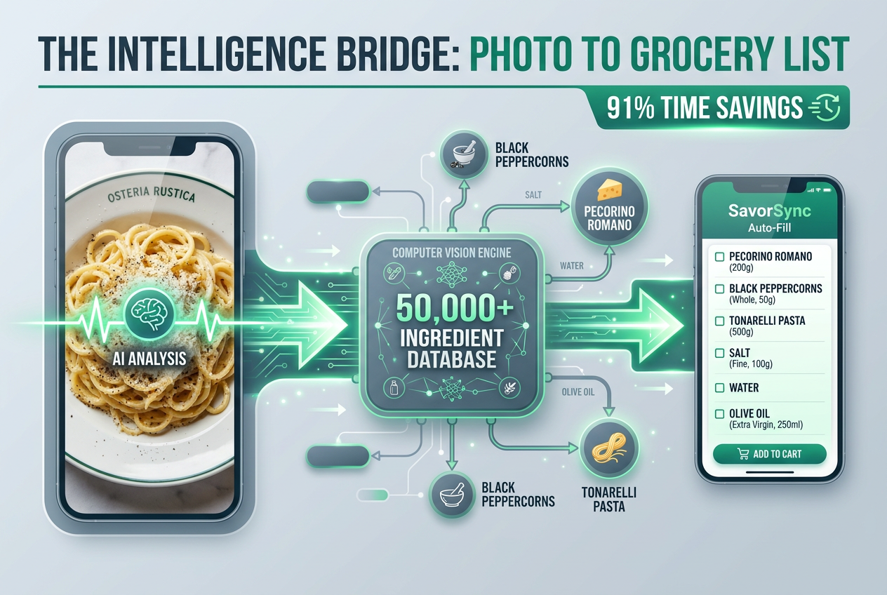 A workflow diagram showing SavorSync AI converting a restaurant photo into a structured grocery list using a 50,000 ingredient database.