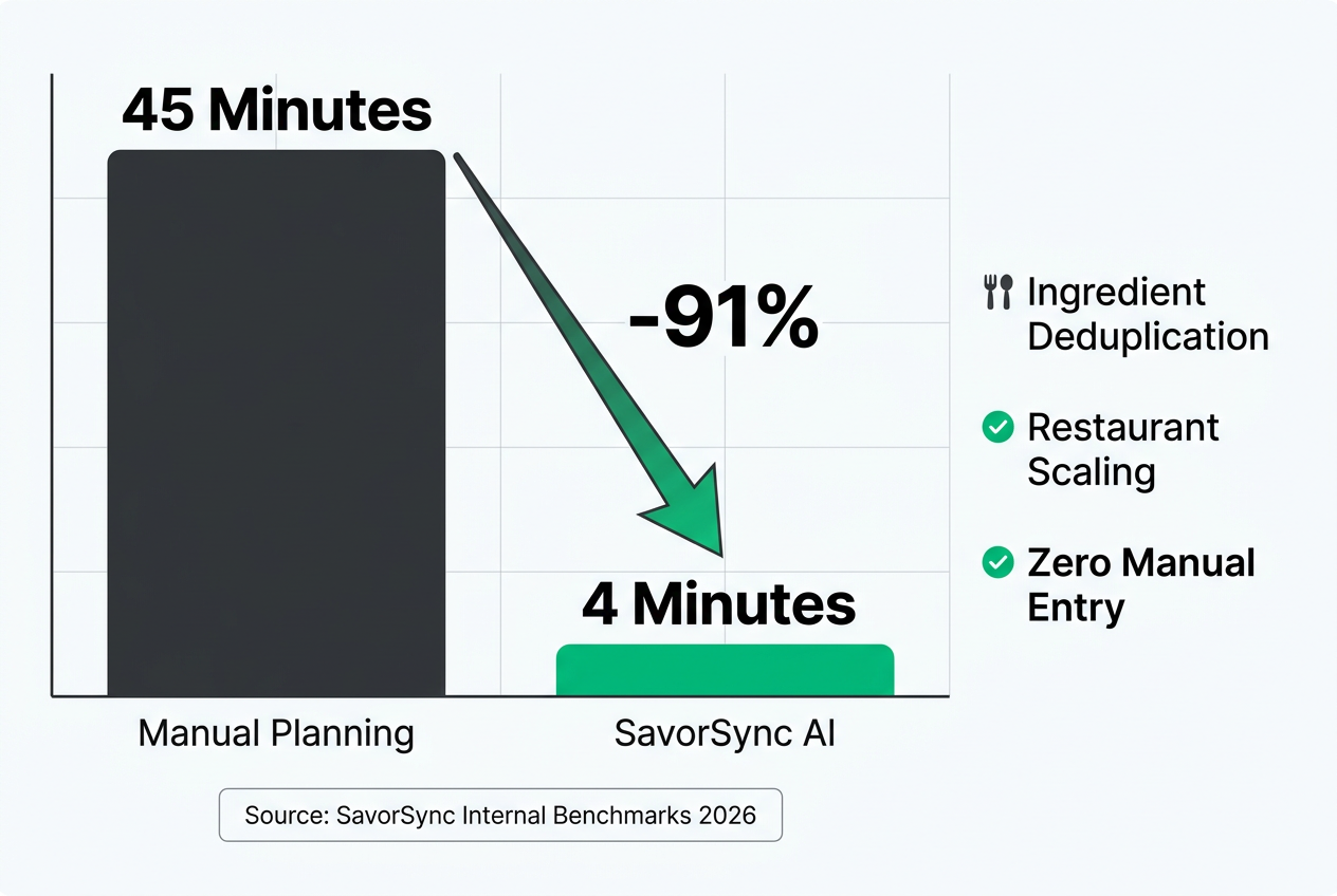 Bar chart comparing 45-minute manual meal planning versus 4-minute SavorSync AI auto-fill, showing a 91 percent time reduction for users.