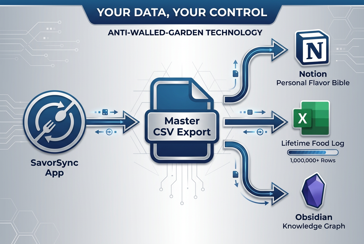 Architectural diagram showing a SavorSync CSV file exporting data to Notion, Excel, and Obsidian to ensure complete user data ownership.