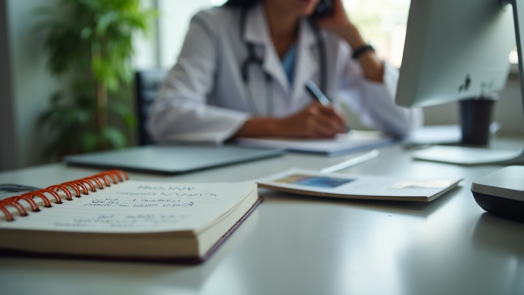 Recepção de consultório brasileiro com secretária anotando dúvidas de pacientes em caderno.
