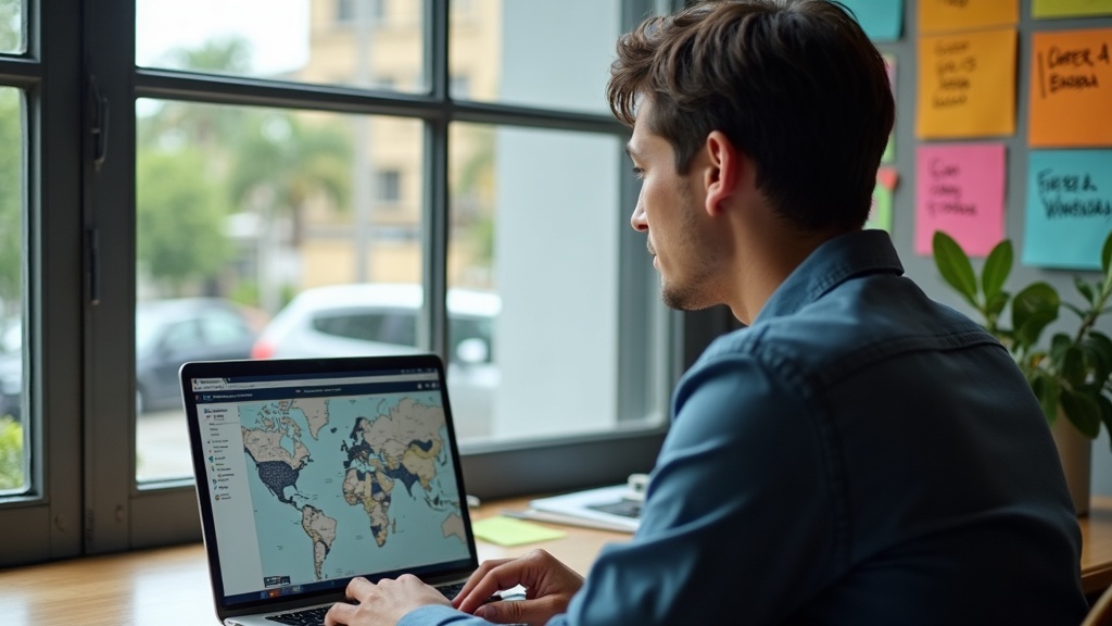 Profissional brasileiro planejando conteúdo com foco em SEO local usando mapa e computador.
