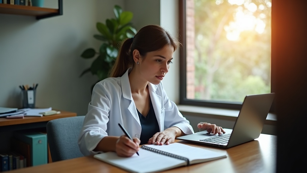 Profissional brasileiro organizando ideias de artigos para blog em notebook e computador.