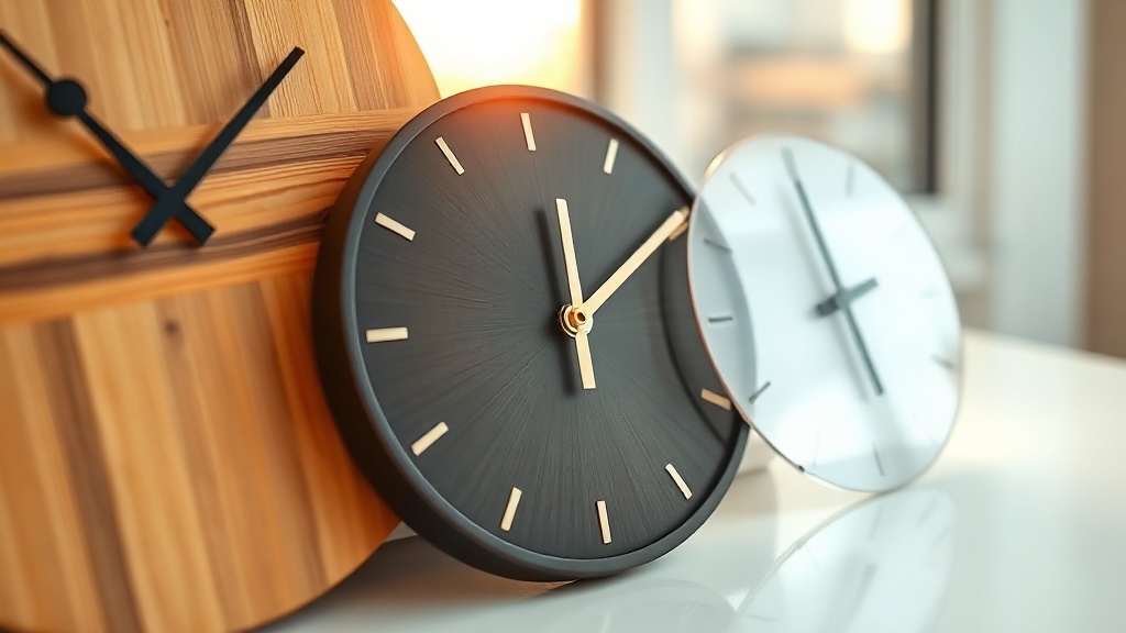 Close-up of bamboo, metal, and acrylic wall clock materials compared side by side on white surface