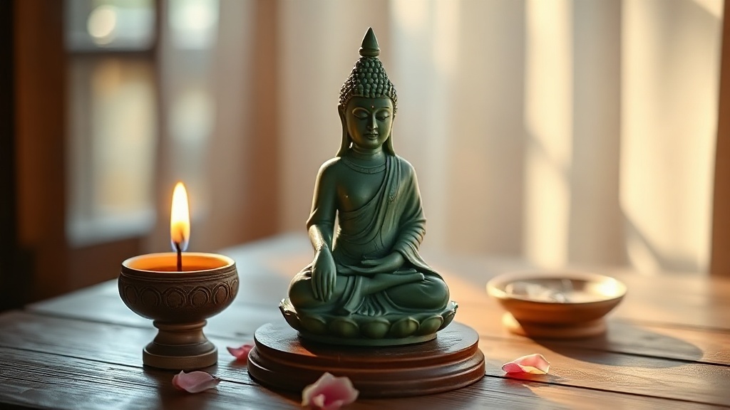 Statuette de Tara Bodhisattva verte en pierre, entourée de pétales de lotus et d'une lampe à beurre allumée