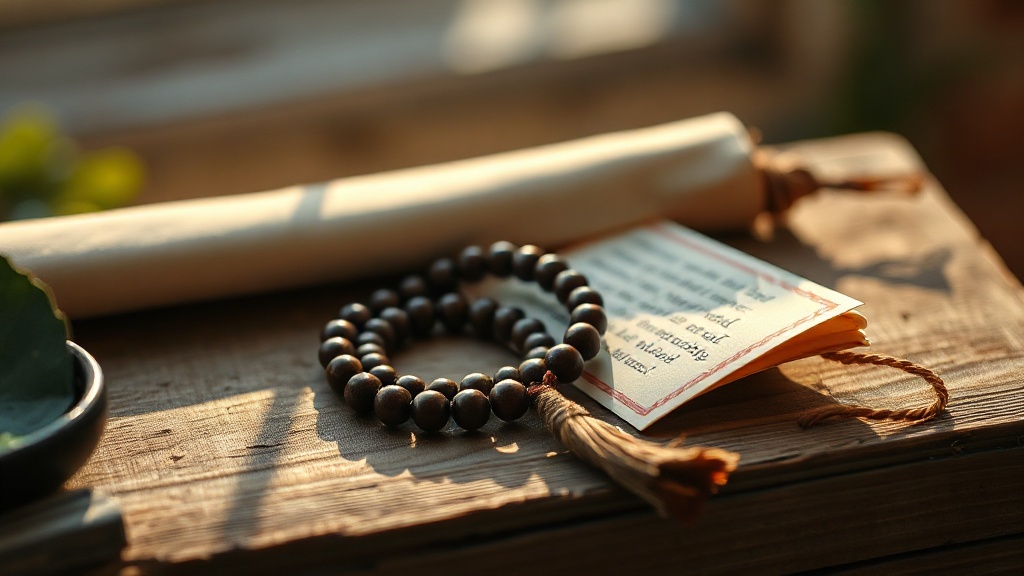 Mala tibétain posé sur une surface en bois ancien, à côté d'un rouleau de mantra manuscrit