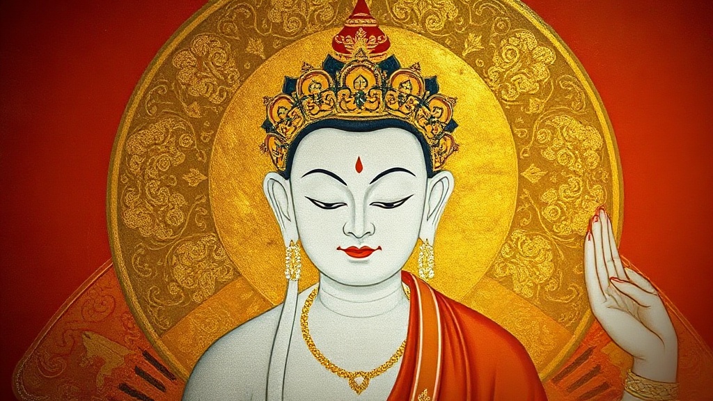 Détail d'un thangka tibétain représentant la Tara Blanche aux sept yeux, ornements en feuille d'or sur fond ocre