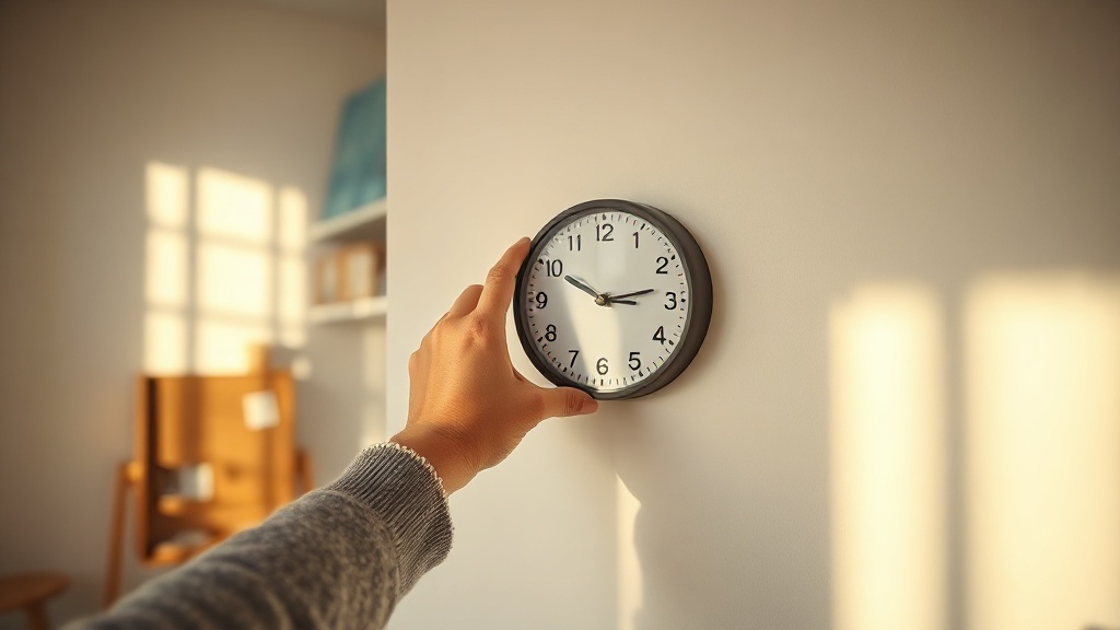 Hands holding a minimalist wall clock against a white wall to test placement in a Scandinavian-style interior
