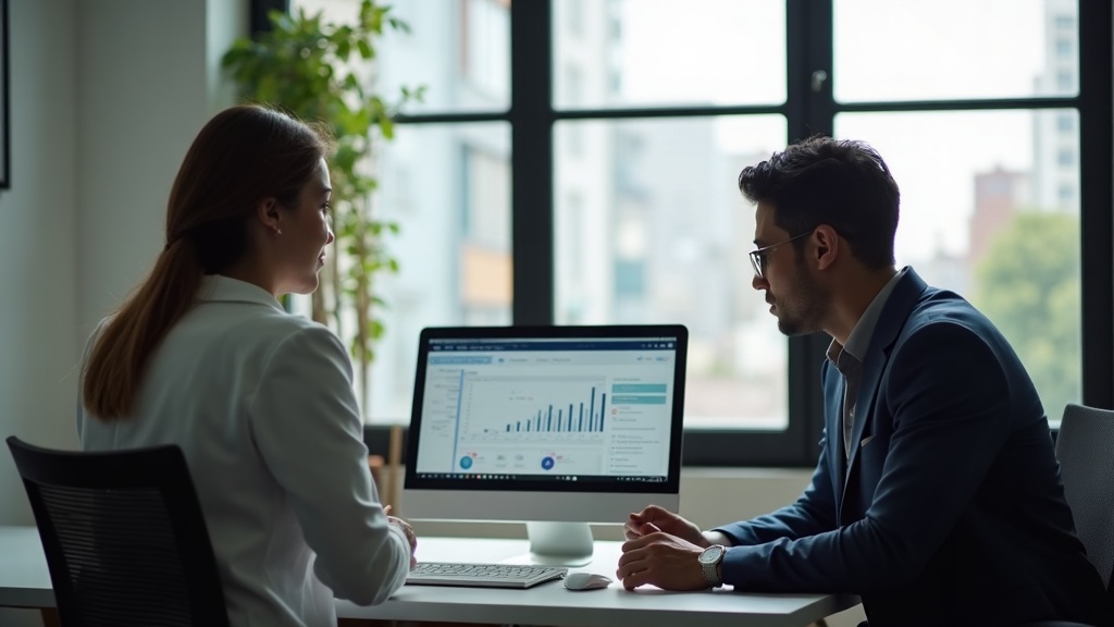 Consultor de marketing analisando SEO em notebook ao lado de profissional de consultório em escritório brasileiro.