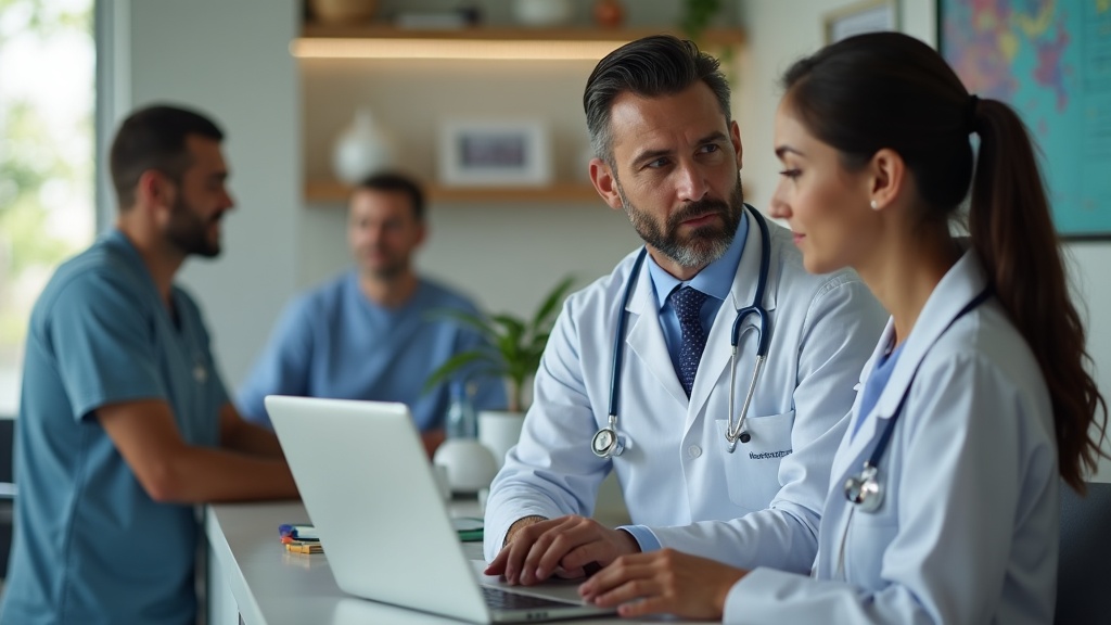 Médico e assistente de marketing avaliando no notebook o blog integrado ao site da clínica.