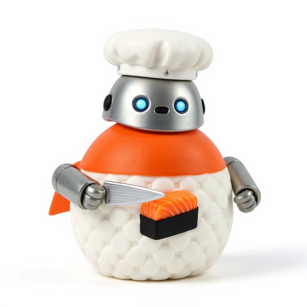 Wasabi-Bot — Meet Wasabi-Bot, the squishy robot sushi chef with a chef's hat, glowing blue eye, and tiny knife ready!