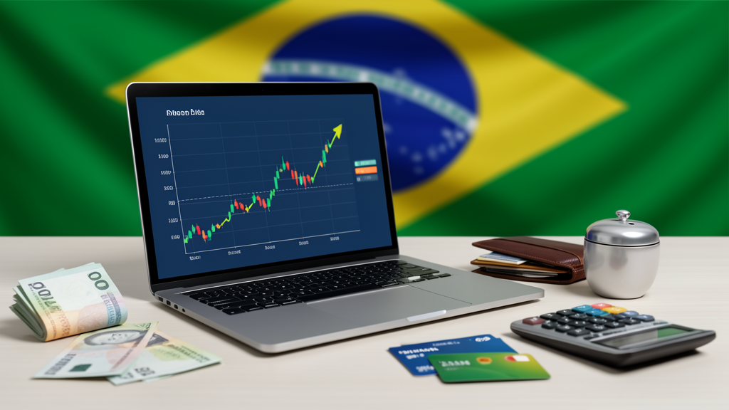 Mesa de planejamento financeiro com notebook, gráficos de investimentos, reais e calculadora