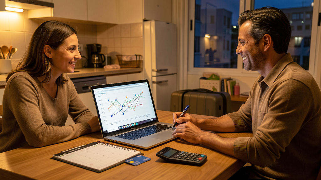 Casal planejando viagem barata com milhas em notebook, calendário, calculadora e cartão de crédito sem marca