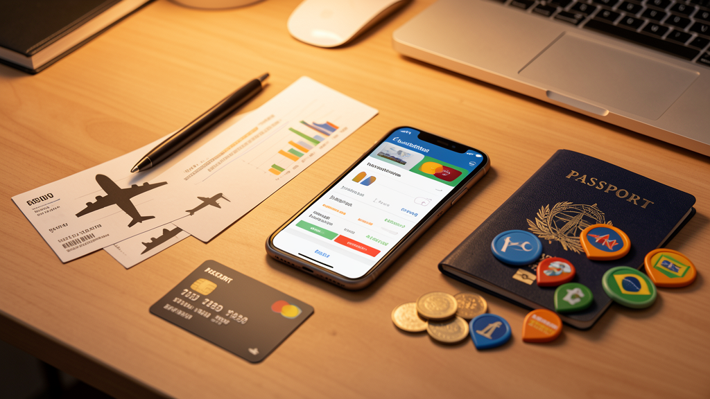 Mesa organizada com cartão de crédito, passaporte, mapa de viagem, moedas e gráficos de orçamento para planejar uso de milhas