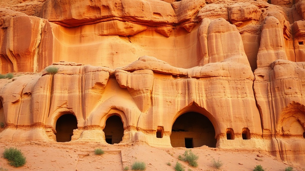 Falaises de grès rouge de Xumishan avec les entrées de grottes bouddhistes visibles dans la roche, Ningxia, Chine