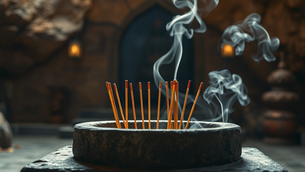 Brûle-encens en pierre à l'entrée d'une grotte bouddhiste de Xumishan lors d'une journée de culte traditionnel