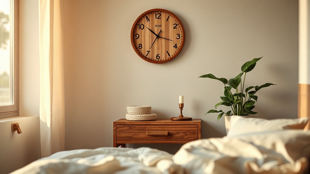 Natural bamboo wall clock with leaf design above a wooden nightstand in a soft, earthy bedroom