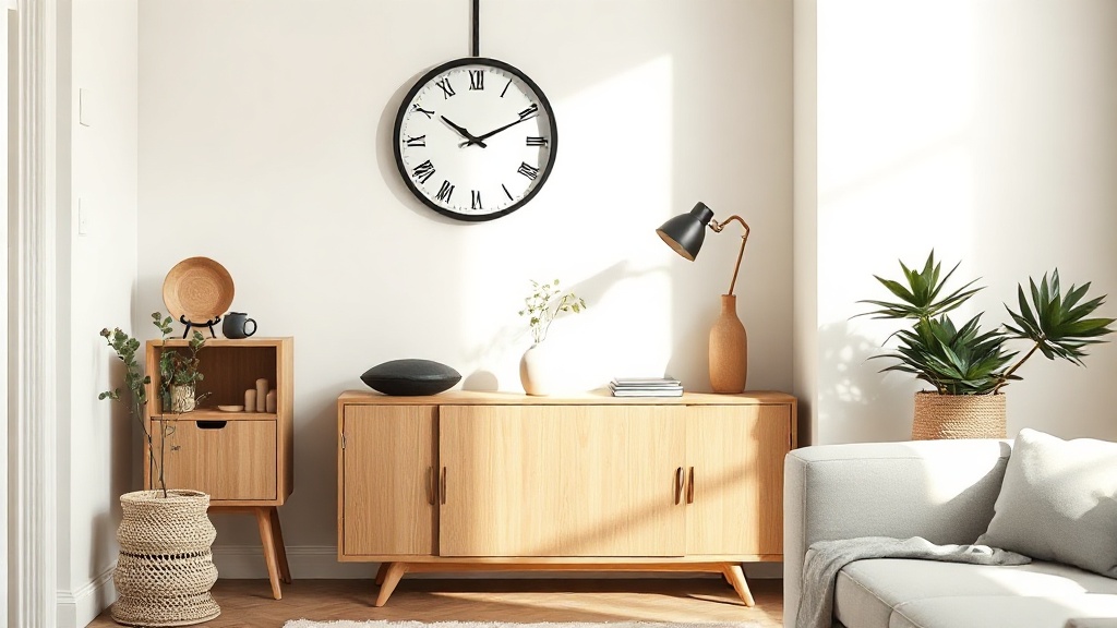 Round black wooden wall clock above a light oak Scandinavian sideboard in a minimalist living room