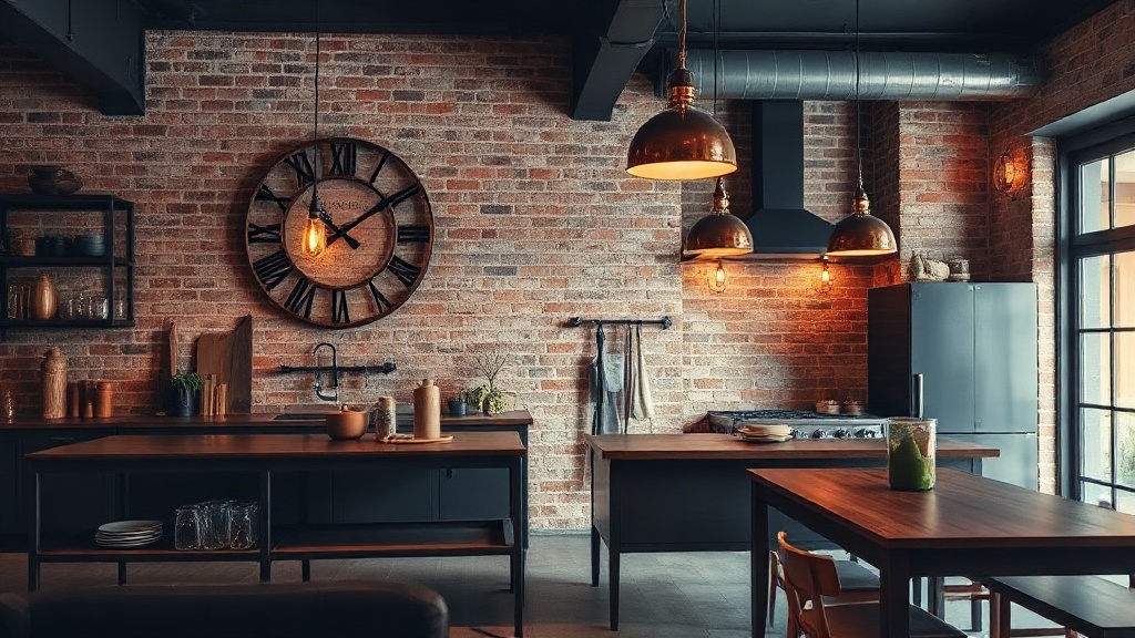 Large copper metal wall clock with Roman numerals mounted on exposed brick wall in industrial kitchen