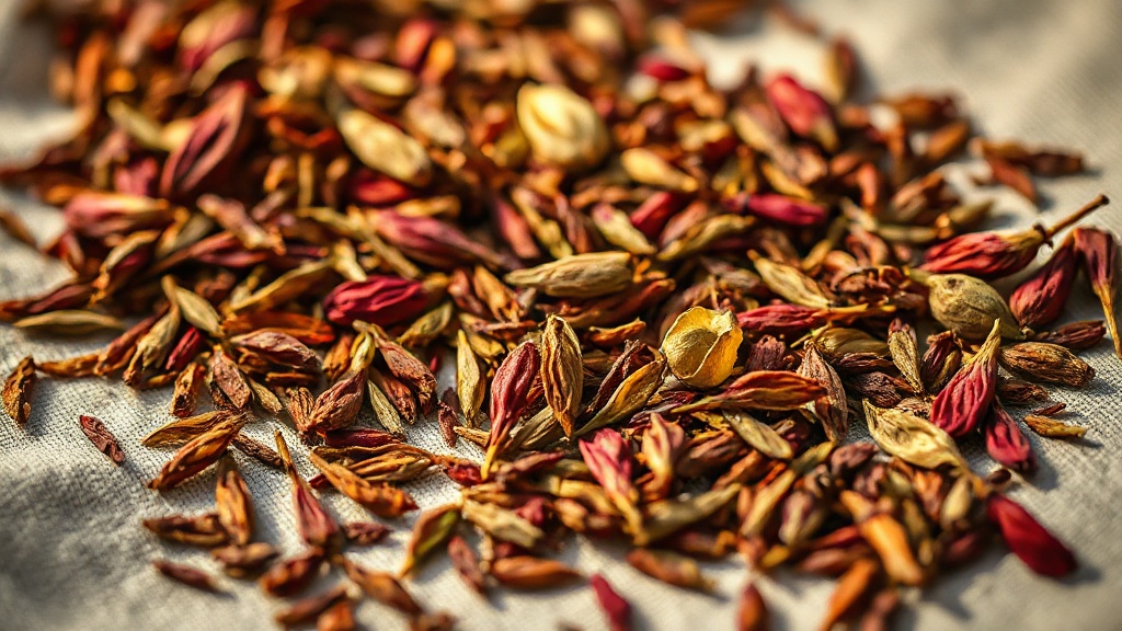 Aiguilles de rooibos rouge séchées et rooibos vert non fermenté côte à côte sur une toile de lin