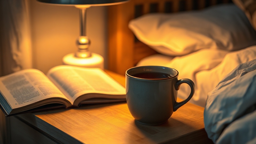 Tasse de rooibos rouge fumant posée sur une table de chevet en bois, ambiance douce du soir