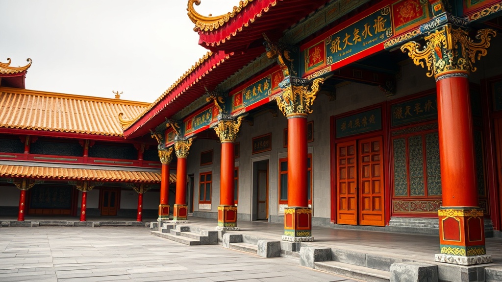 Façade d'un temple sino-tibétain aux toits dorés et colonnes laquées rouge à la lamaserie Wudang