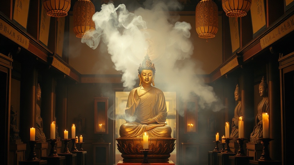 Statue dorée de Guanyin dans le hall principal d'un temple bouddhiste Chan, entourée des dix-huit Arhats en bois laqué