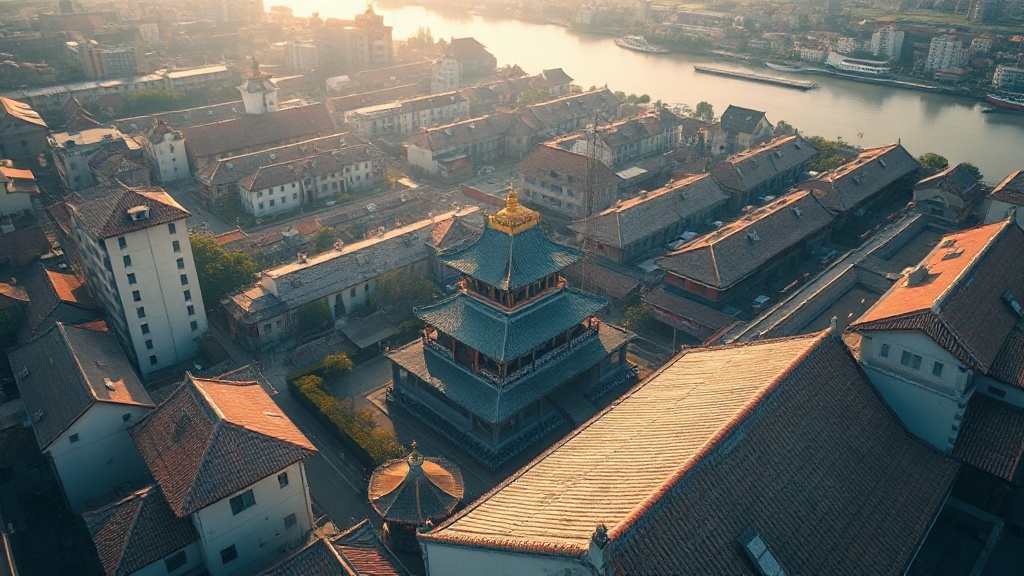 Vue du temple Puhui dans le paysage urbain de la ville de Jilin, province de Jilin, nord-est de la Chine