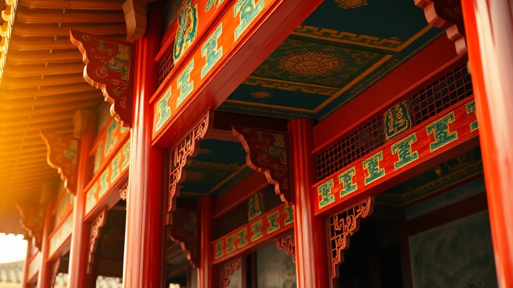 Détail des poutres peintes et des colonnes laquées rouges d'un hall de temple bouddhiste Chan en Chine du Nord-Est