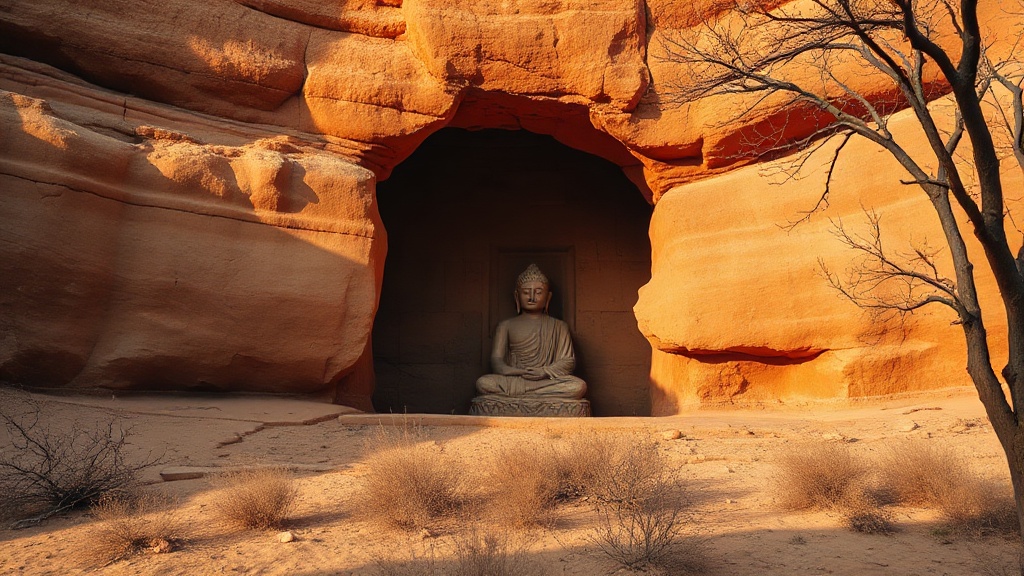 Grotte bouddhiste rupestre taillée dans la falaise de grès rouge des montagnes Helan au Ningxia